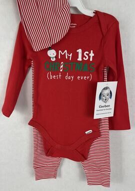 Gerber 3 Pc Set Hat Joggers Onesies 3-6 Months 1st Christmas Best Day Ever